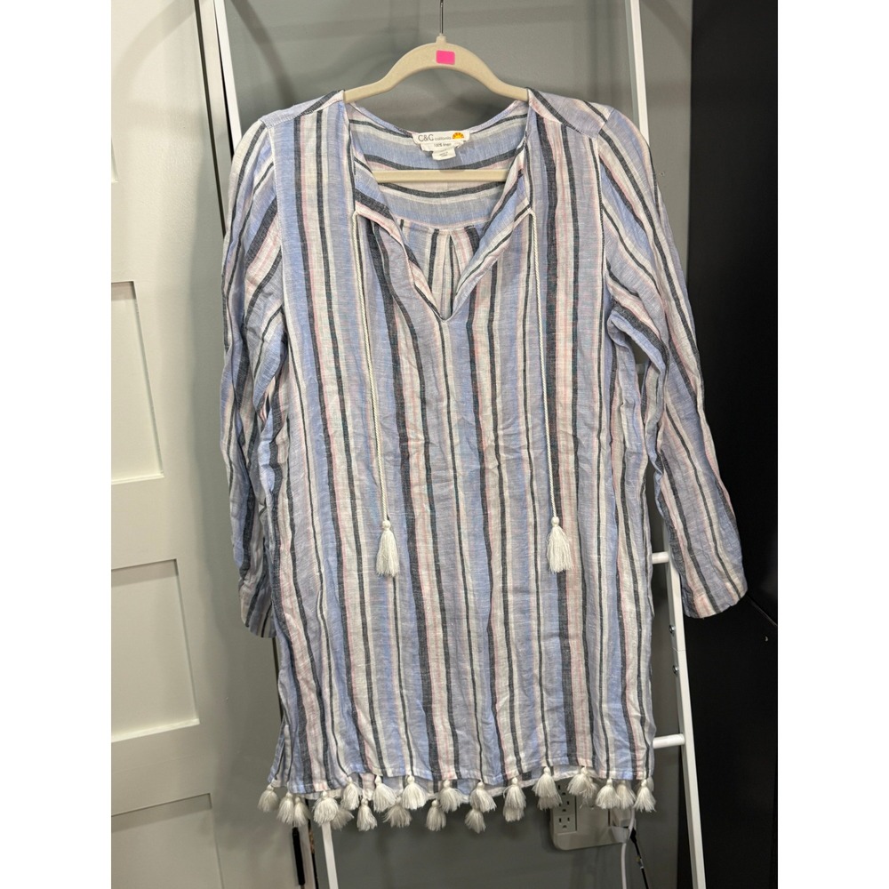 C&C California 100% Linen Striped Tunic Dress Blue Pink Tassel S Coastal Boho